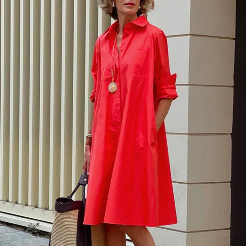 Abito camicia a linea A da donna con colletto polo – Abito midi casual per tutti i giorni e il tempo libero