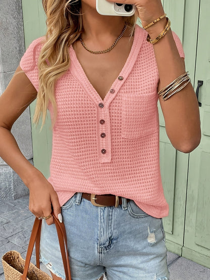 Damen Kurzarm Henley Shirt mit Knopfleiste und Struktur – Freizeit & Alltag