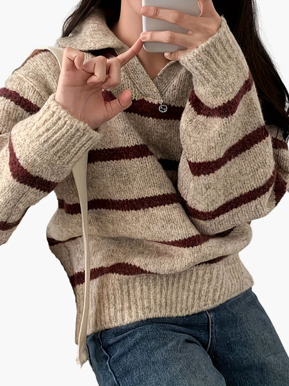 Damen Strickpullover mit Streifen und Kragen – Eleganter Freizeit-Look für Herbst und Winter