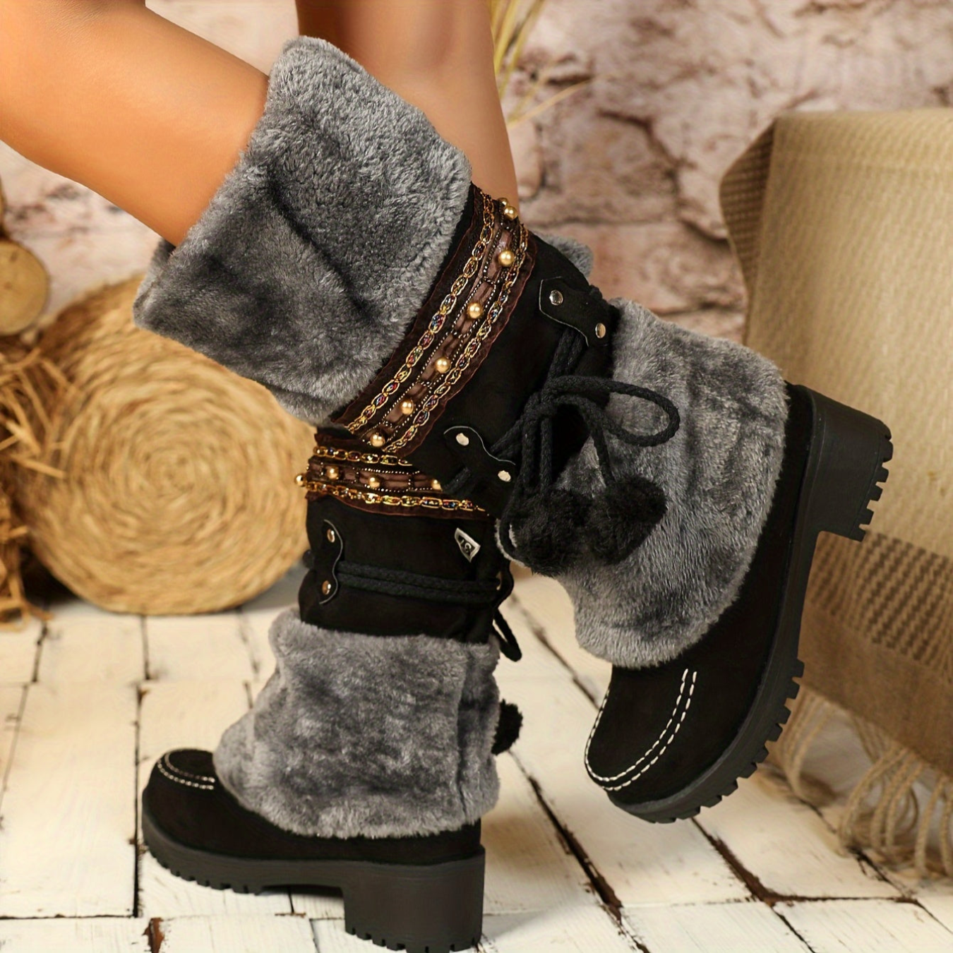Damen Winterstiefel mit Kunstfell und Zierbändern, warmer gefütterter Schaft