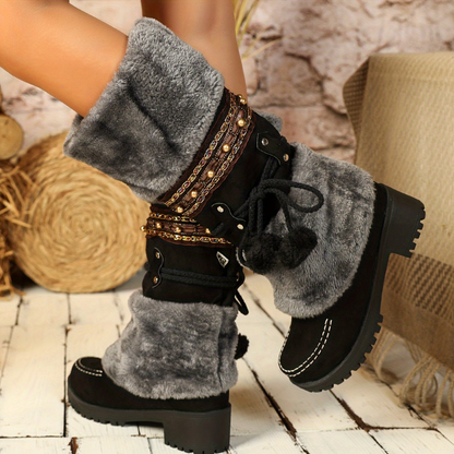 Damen Winterstiefel mit Kunstfell und Zierbändern, warmer gefütterter Schaft