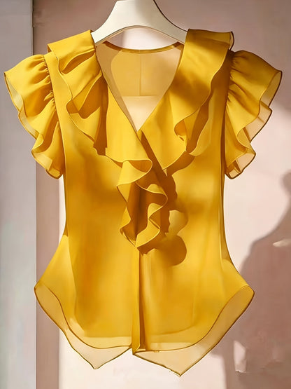 Damevolantbluse med V-hals og volanger – Elegant chiffongbluse for kontor og kveld
