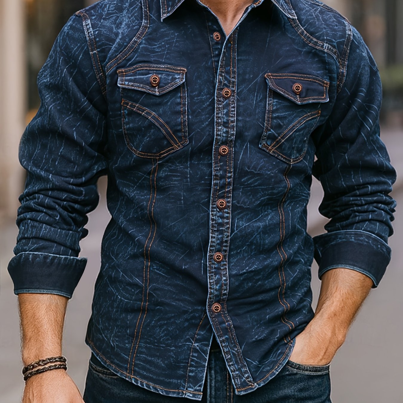 Herenoverhemd met lange mouwen, blauw, used-look, met borstzakken
