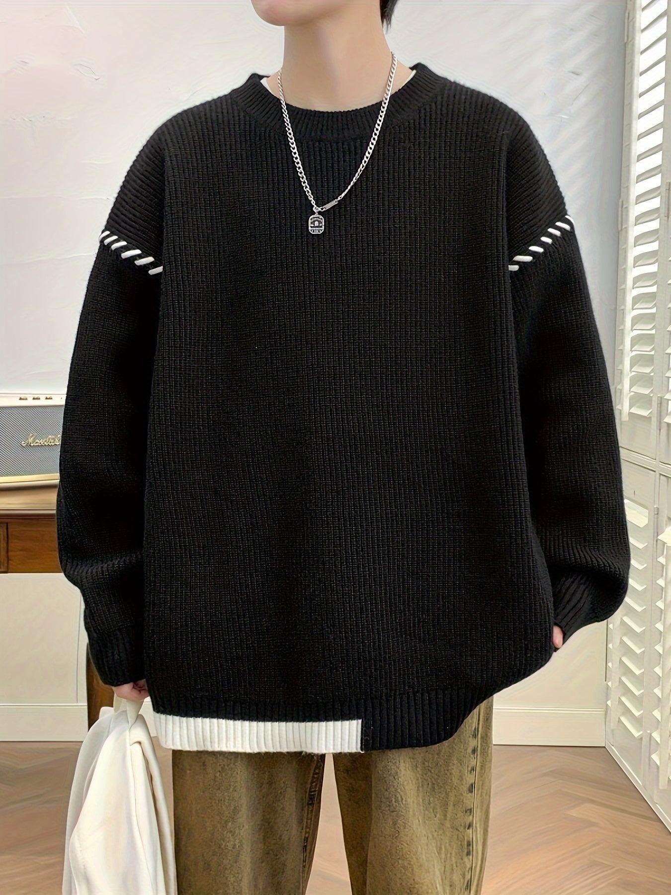 Unisex Strickpullover mit Rundhalsausschnitt und Kontraststreifen-Details, Langarm