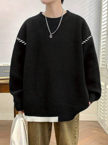 Unisex Strickpullover mit Rundhalsausschnitt und Kontraststreifen-Details, Langarm