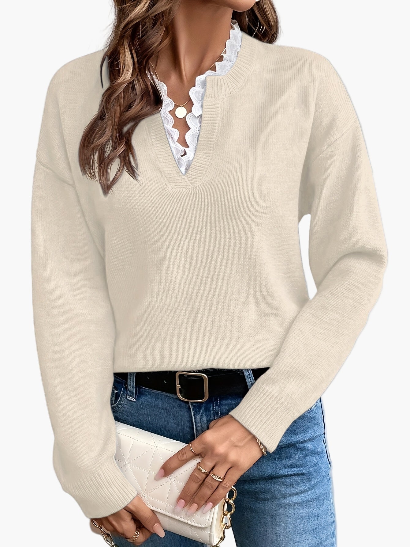 Dames elegante trui met V-hals en ruches kraag – Perfect voor dagelijks gebruik & kantoor