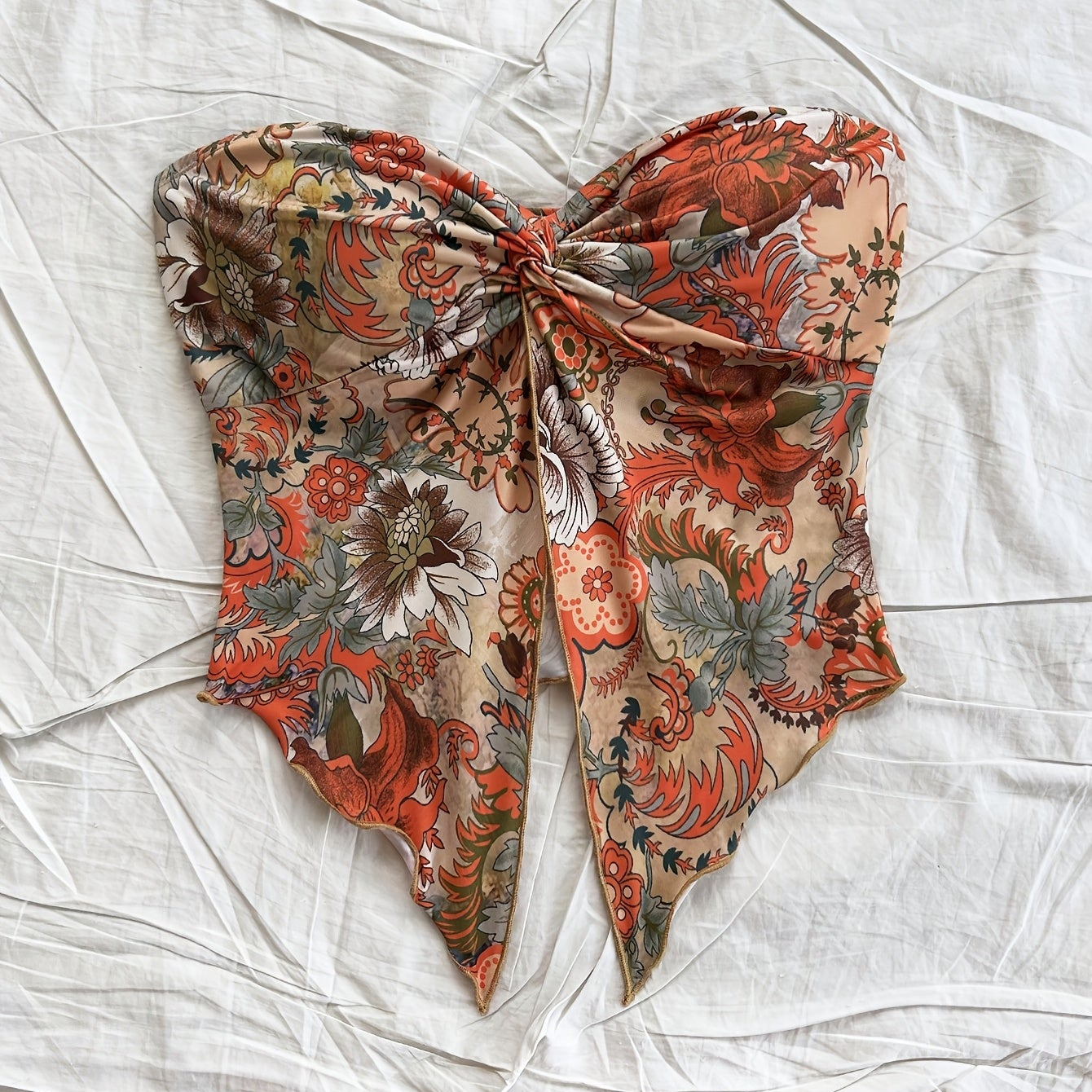 Dam Bandeau Crop Top med blommönster och knut – vintage-stil för sommar och festival