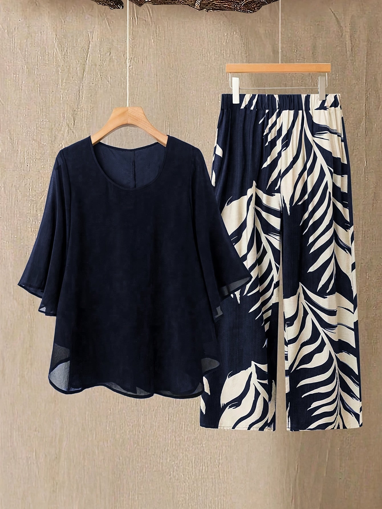 Conjunto de dos piezas para mujer elegante – Pantalón ancho con estampado tropical y blusa suelta, conjunto moderno para vacaciones