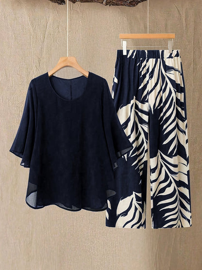 Conjunto de dos piezas para mujer elegante – Pantalón ancho con estampado tropical y blusa suelta, conjunto moderno para vacaciones