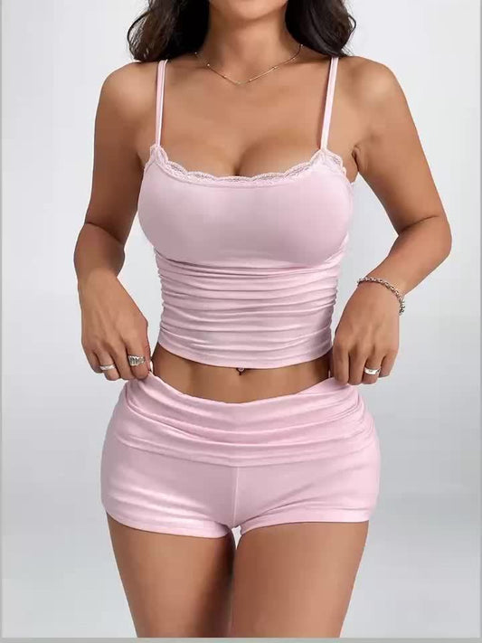 Dame Loungewear Sæt – Elegant kort top og shorts, ideel til fritid og sommer