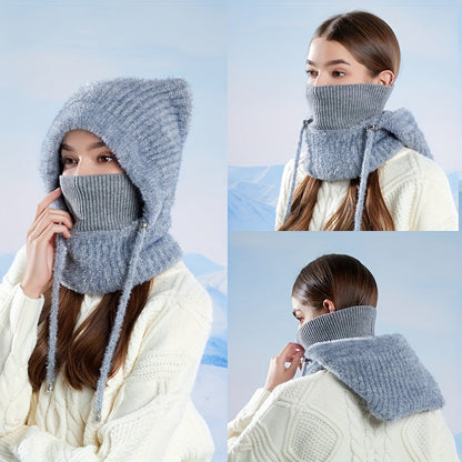 Gestrickte Balaklava-Mütze mit Katzenohren und Halsschutz für Damen