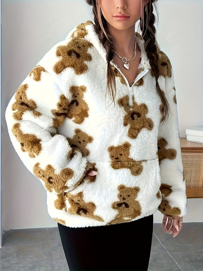 Sudadera con capucha de osito de peluche, blanca con estampado marrón
