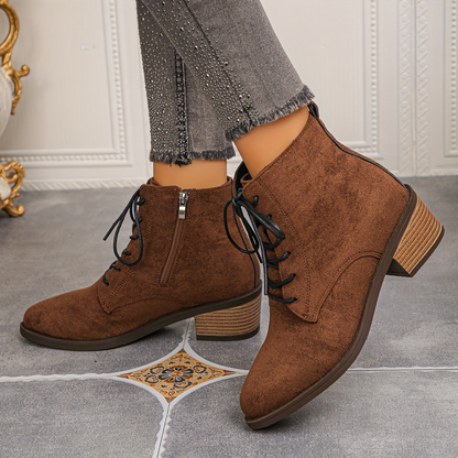 Damen Schnürstiefelette mit seitlichem Reißverschluss, Blockabsatz und spitzer Kappe