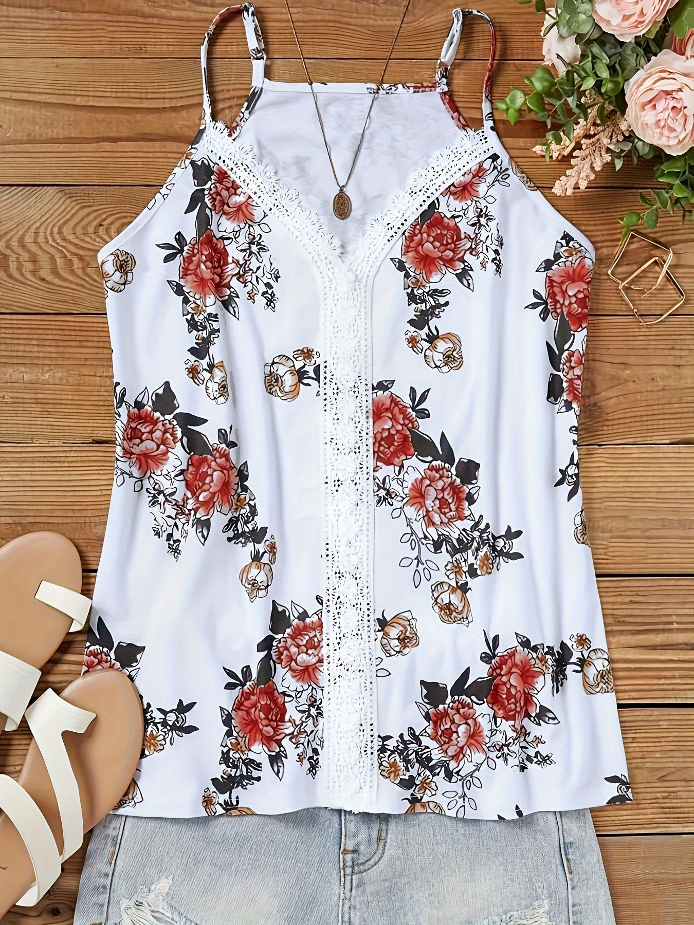 Top spaghetti pour femme avec motif floral et dentelle – Blouse d'été décontractée et sexy