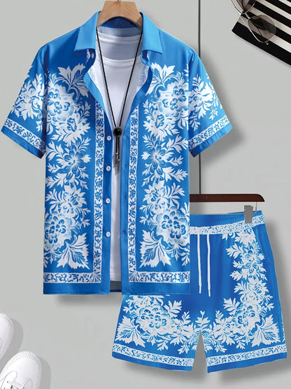 Ensemble d'été décontracté homme avec chemise à manches courtes et short, motif floral, vacances & plage