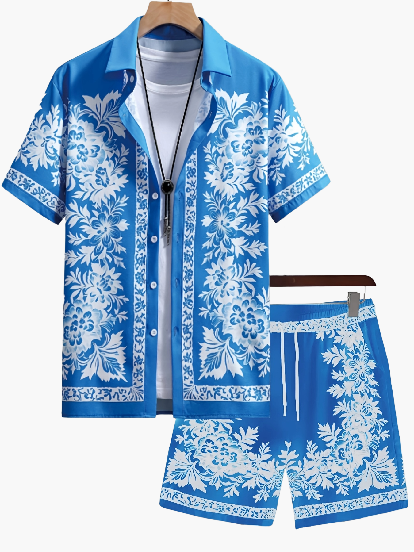 Ensemble d'été décontracté homme avec chemise à manches courtes et short, motif floral, vacances & plage