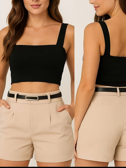 Ensemble femme élégant top court et short avec ceinture – Tenue d'été stylée pour loisirs et quotidien
