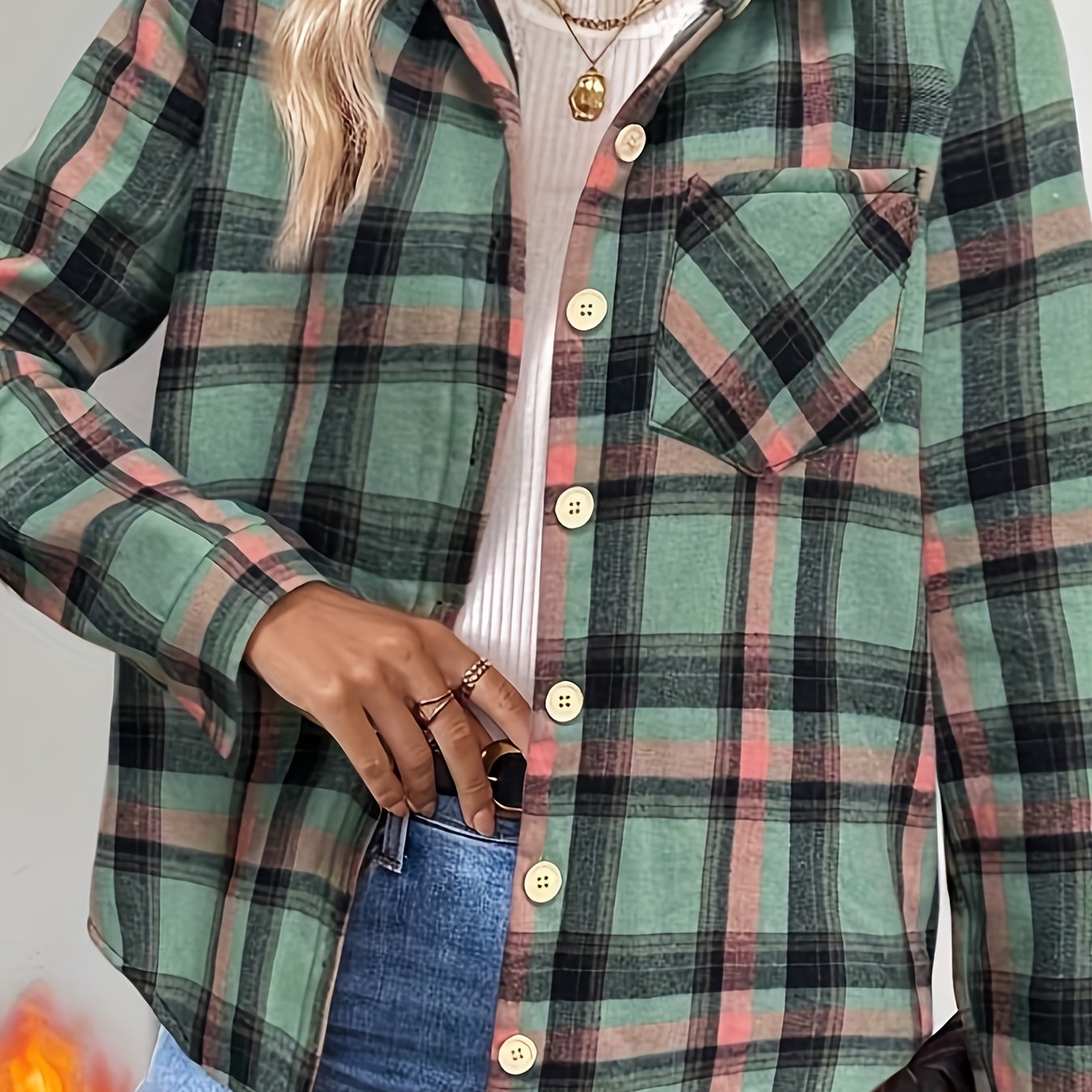Camisa de cuadros para mujer con forro cálido – verde/rojo, manga larga