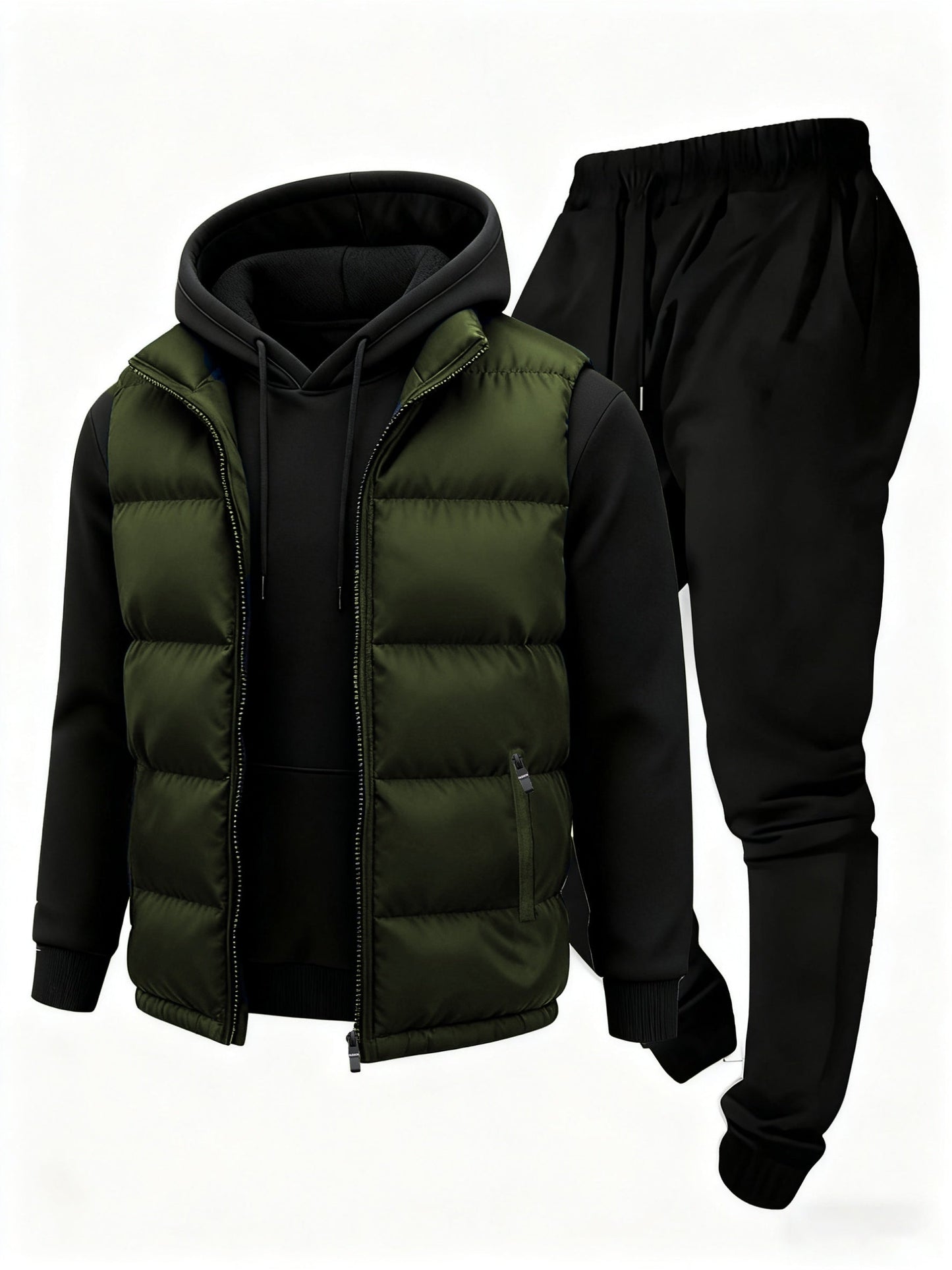 Herren Jogginganzug Set mit Hoodie, Hose und Weste, Schwarz