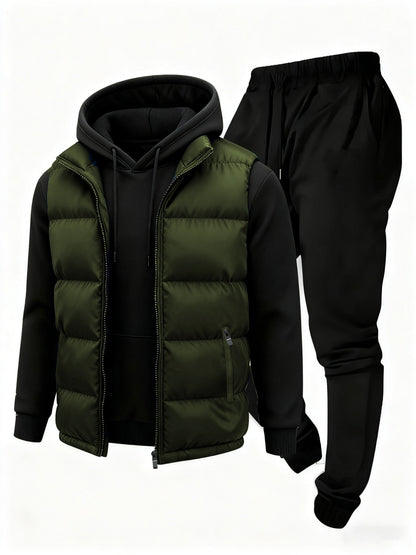 Herren Jogginganzug Set mit Hoodie, Hose und Weste, Schwarz