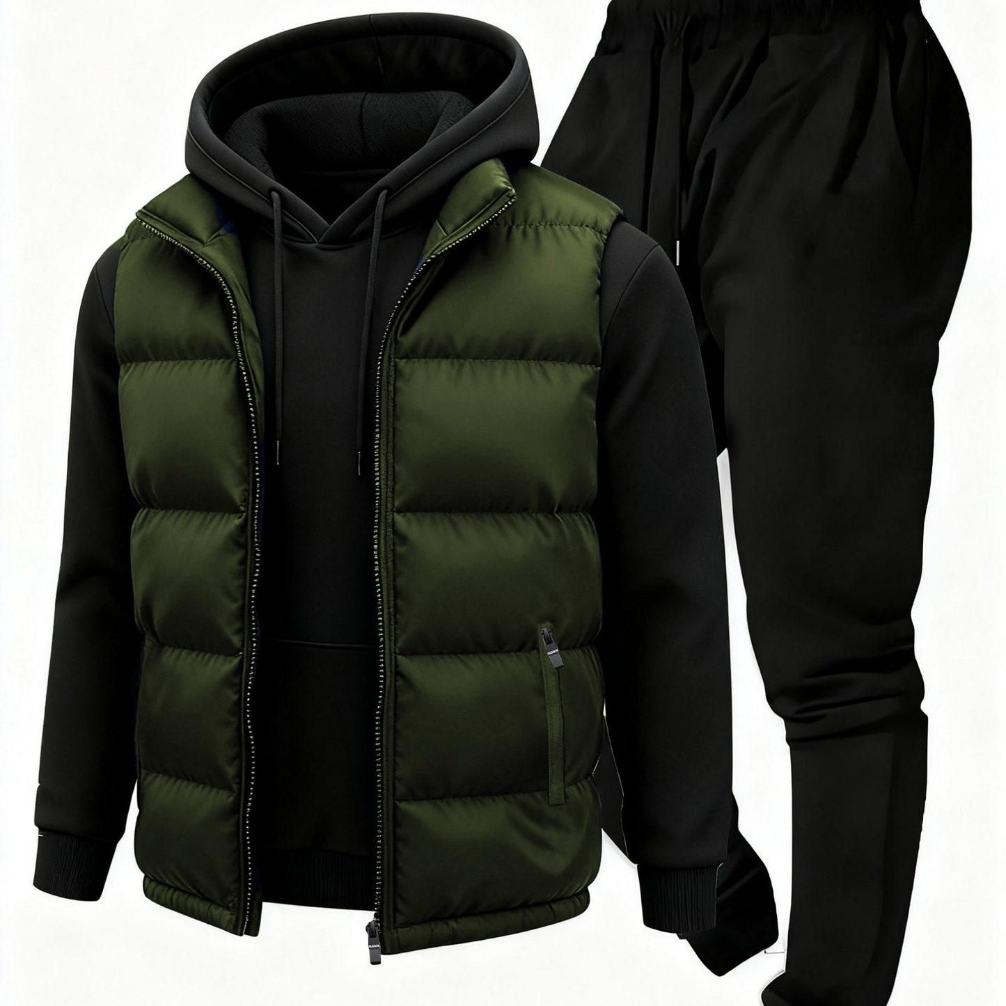 Herren Jogginganzug Set mit Hoodie, Hose und Weste, Schwarz