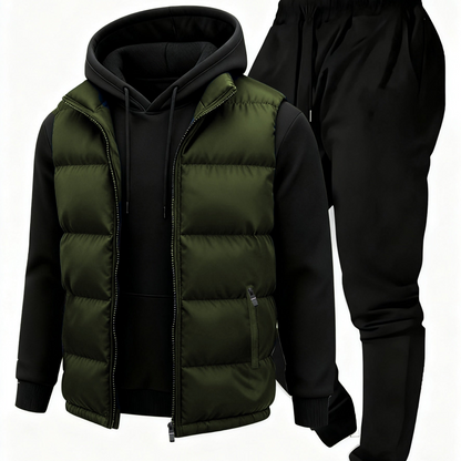 Herren Jogginganzug Set mit Hoodie, Hose und Weste, Schwarz