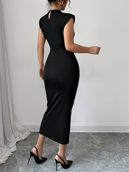 Abito midi aderente elegante da donna con spalle accentuate e dettaglio in vita – Perfetto per occasioni speciali