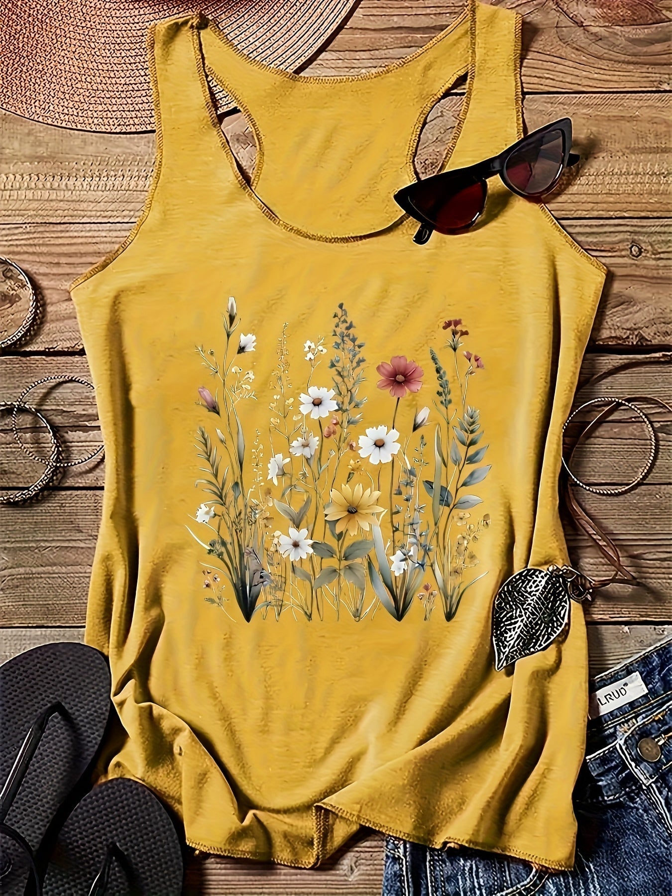 Damski top na ramiączkach z nadrukiem dzikich kwiatów – letnia koszulka na co dzień w stylu boho