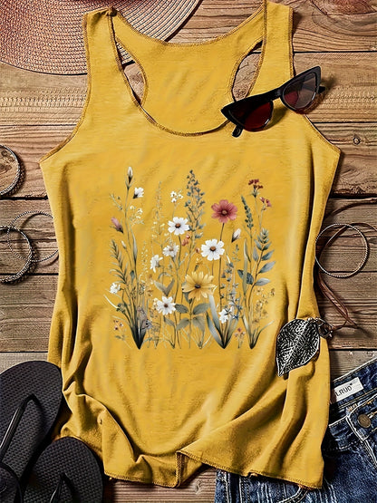 Damski top na ramiączkach z nadrukiem dzikich kwiatów – letnia koszulka na co dzień w stylu boho