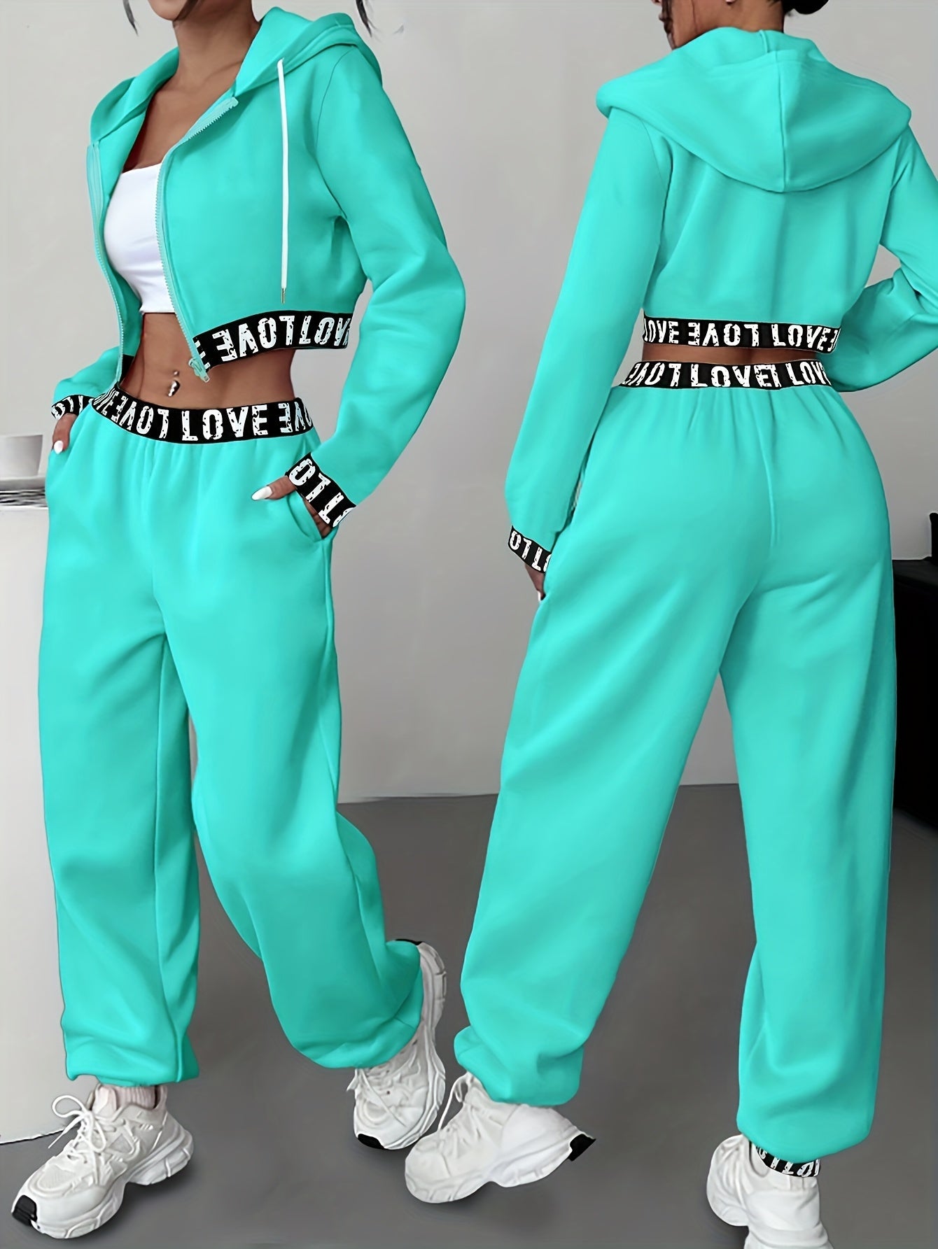 Sportieve dames-loungewear-tweedelige set met cropped hoodie en broek, band met het opschrift ‘LOVE’