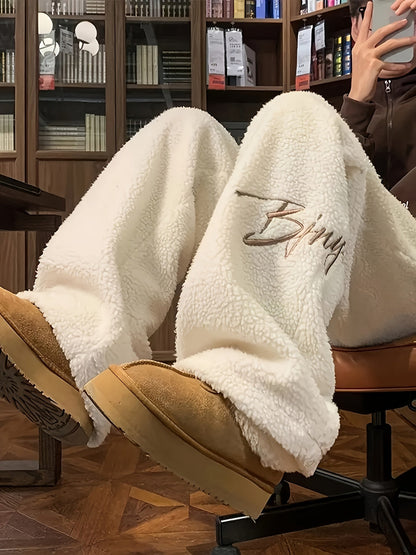 Weite Teddyfleece Hose für Damen, Plüschhose mit Stickerei, lockerer Schnitt