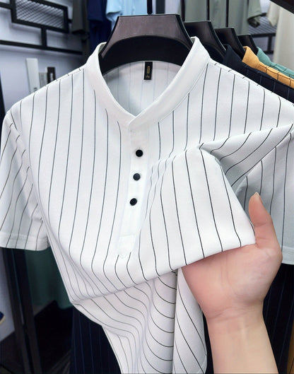 Męska koszula z krótkim rękawem, stójką i prążkami do stylizacji smart casual