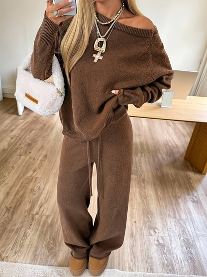 Damen Strick-Loungewear Set Braun mit weitem Bein