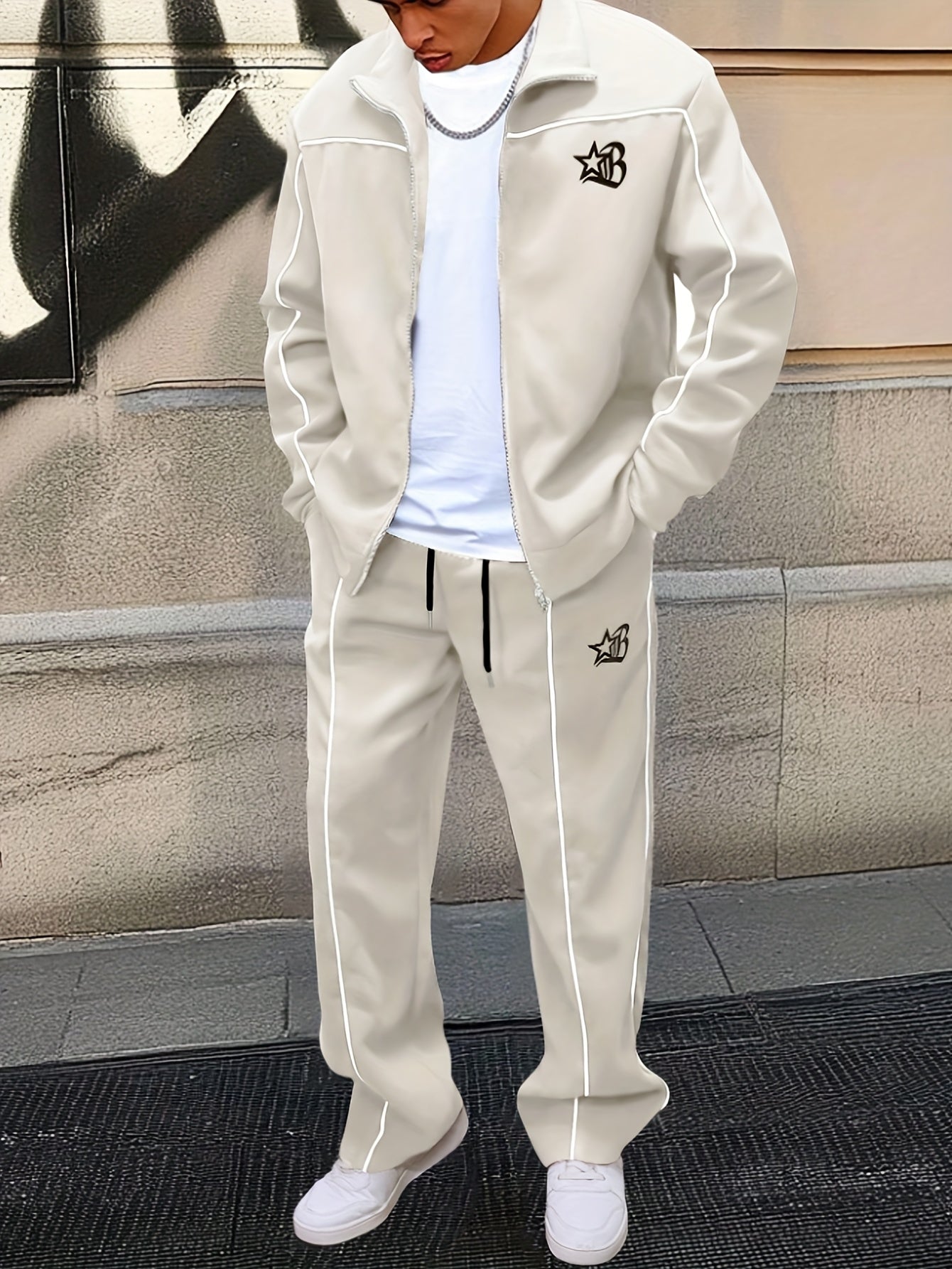 Tuta da ginnastica unisex con giacca con cerniera e pantaloni, bande a contrasto, applicazione con logo