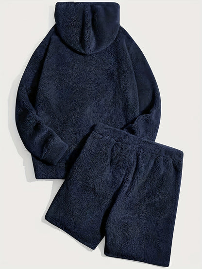 Unisex teddyfleece hoodie- en shortset met capuchon en trekkoord