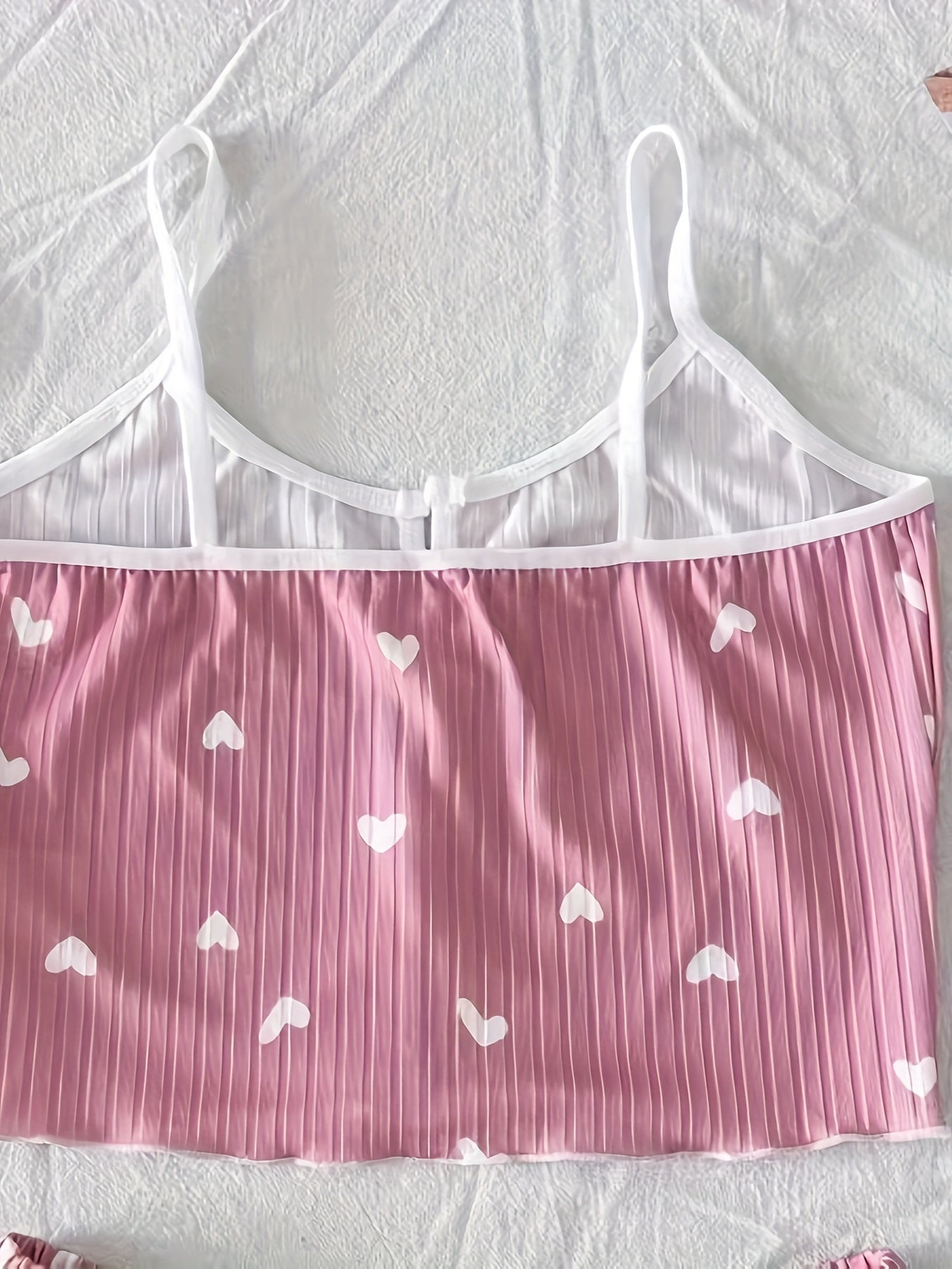 Dame pyjamasæt med hjerteprint og sløjfer – To-delt sommernatsæt, sexet stil