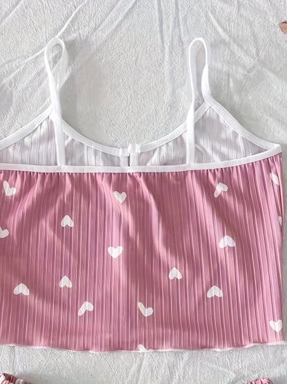 Dame pyjamasæt med hjerteprint og sløjfer – To-delt sommernatsæt, sexet stil