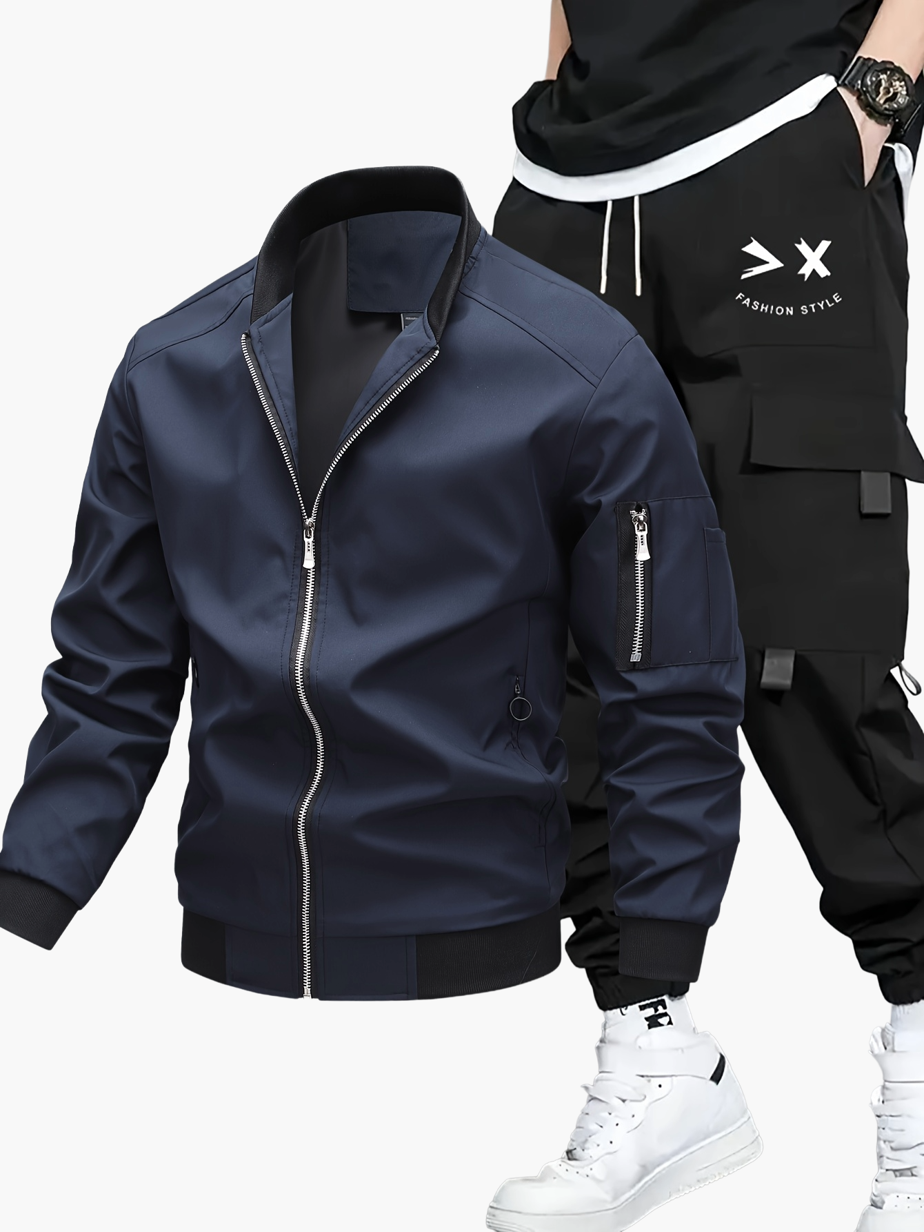 Set streetwear uomo – Giacca bomber e pantaloni cargo per tempo libero e uso quotidiano