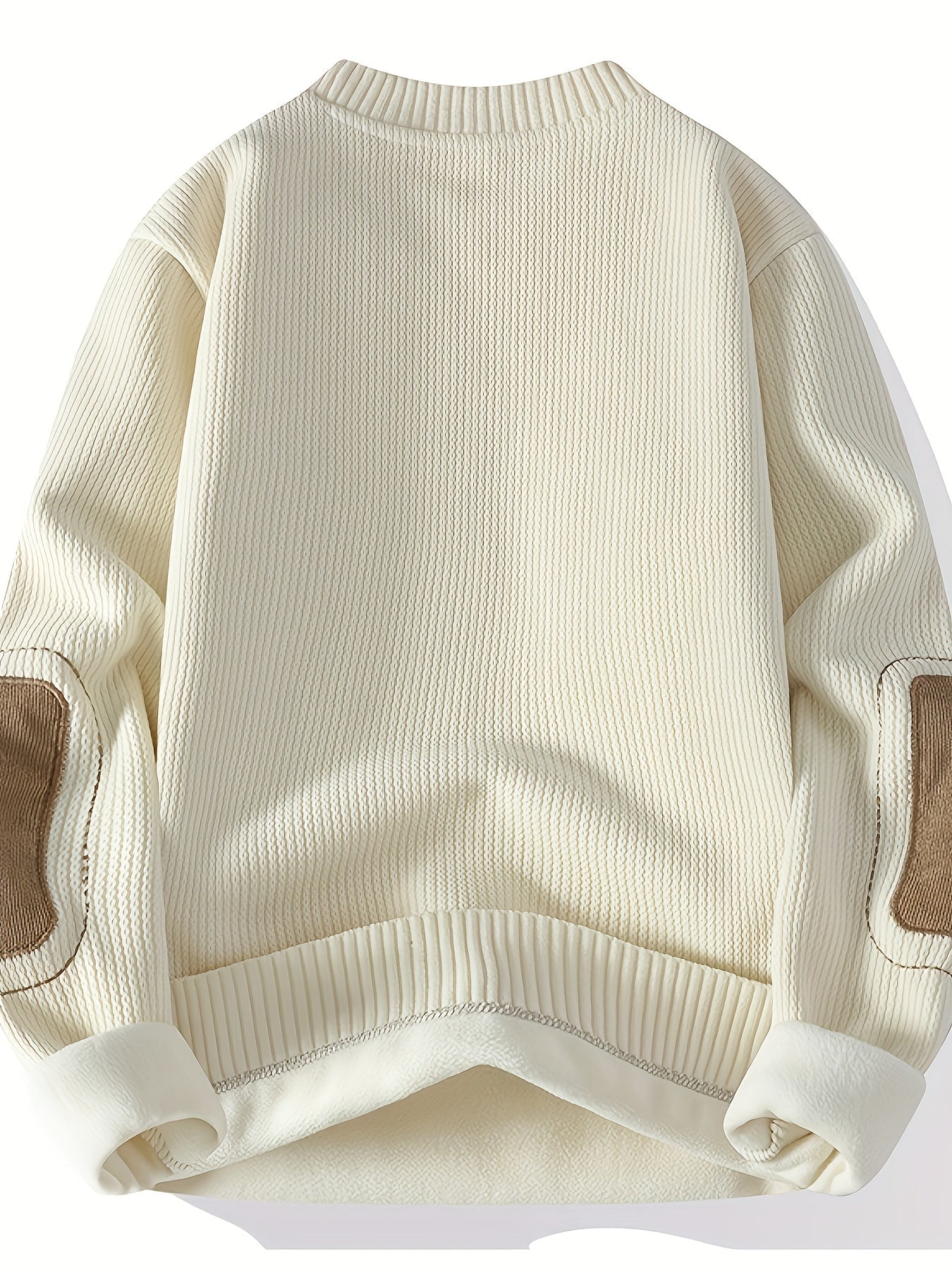 Suéter unisex de cuello redondo con textura acanalada y parches en los codos