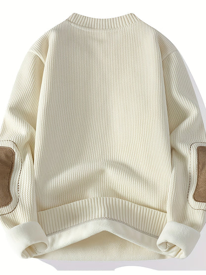 Suéter unisex de cuello redondo con textura acanalada y parches en los codos
