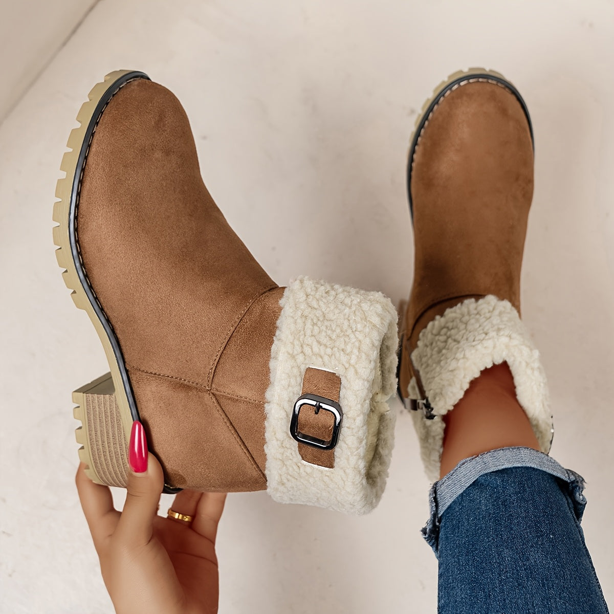 Damen Stiefeletten mit Blockabsatz, Plüschrand und Schnalle, Braun