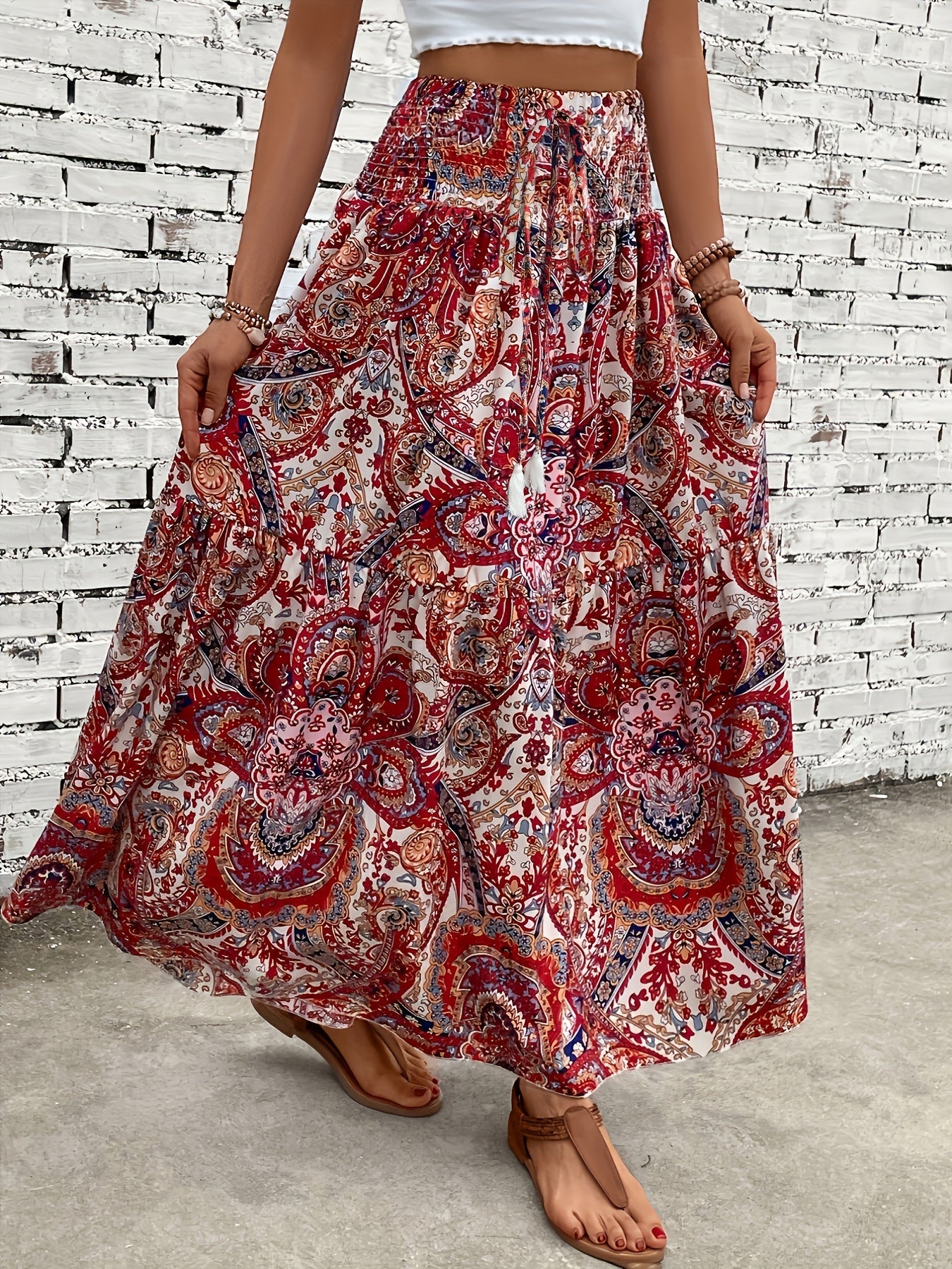 Damen Boho Maxirock mit Blumenmuster, Eleganter Sommerrock für Freizeit und Urlaub