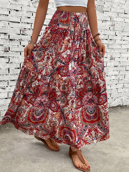 Damen Boho Maxirock mit Blumenmuster, Eleganter Sommerrock für Freizeit und Urlaub