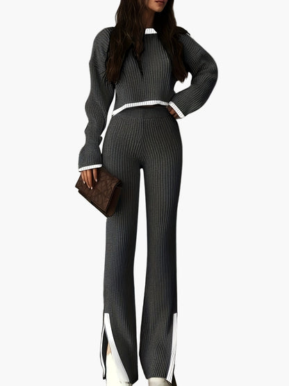Dames elegante gebreide tweedelige set met wijde pijpen – Modieuze outfit voor herfst en winter