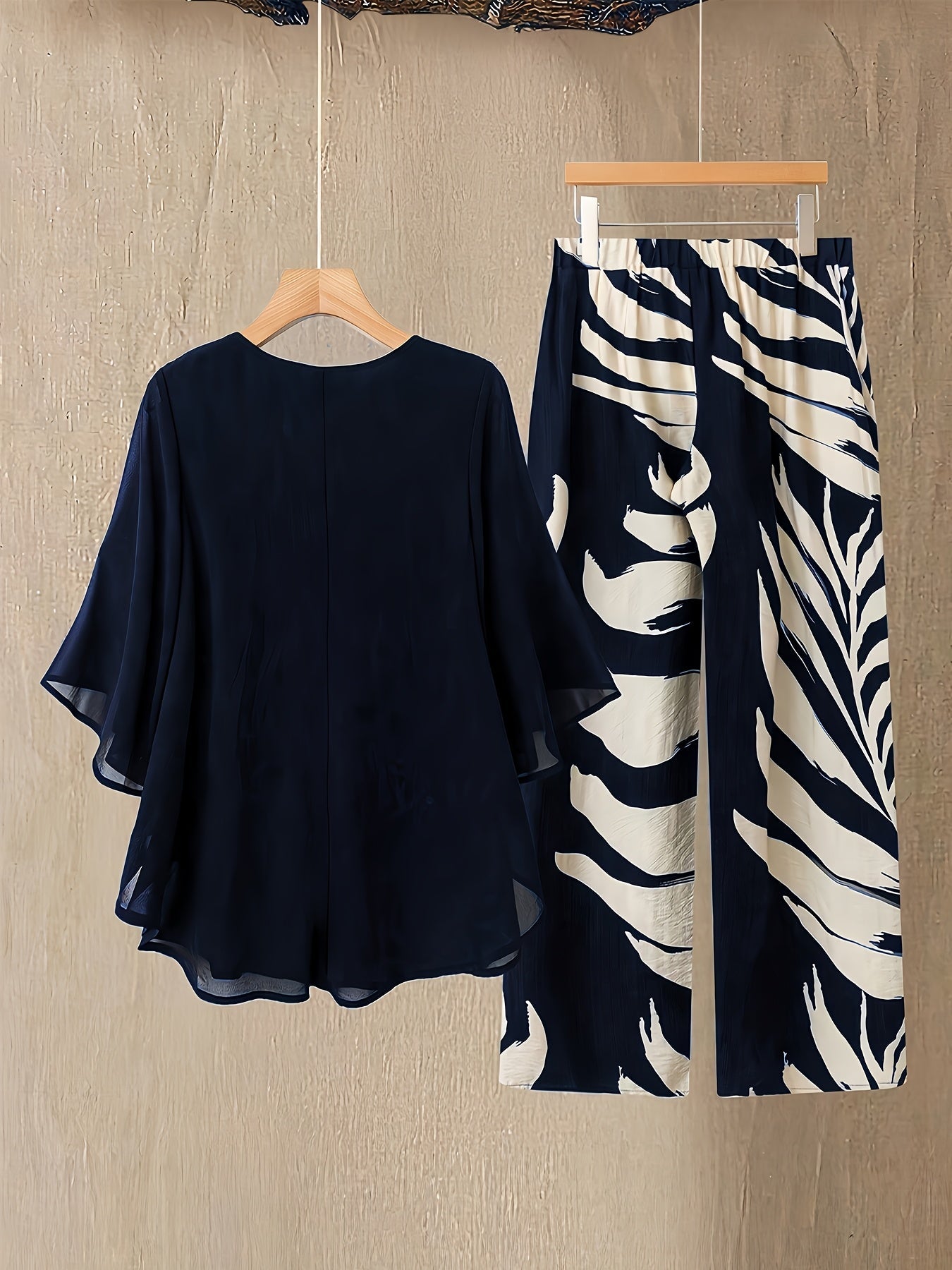 Conjunto de dos piezas para mujer elegante – Pantalón ancho con estampado tropical y blusa suelta, conjunto moderno para vacaciones