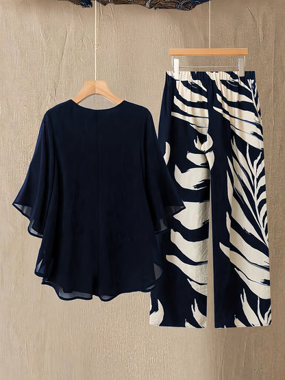 Conjunto de dos piezas para mujer elegante – Pantalón ancho con estampado tropical y blusa suelta, conjunto moderno para vacaciones