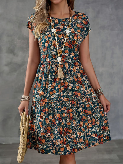 Damen Sommerkleid im Blumenmuster – Freizeit & Urlaub, Kurzarm, Knielang, A-Linie