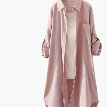 Dame langærmet skjortekjole med knaplukning – afslappet oversize-stil til forår og sommer