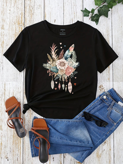 Dame T-skjorte med blomster- og fjærprint, avslappet, sommermote