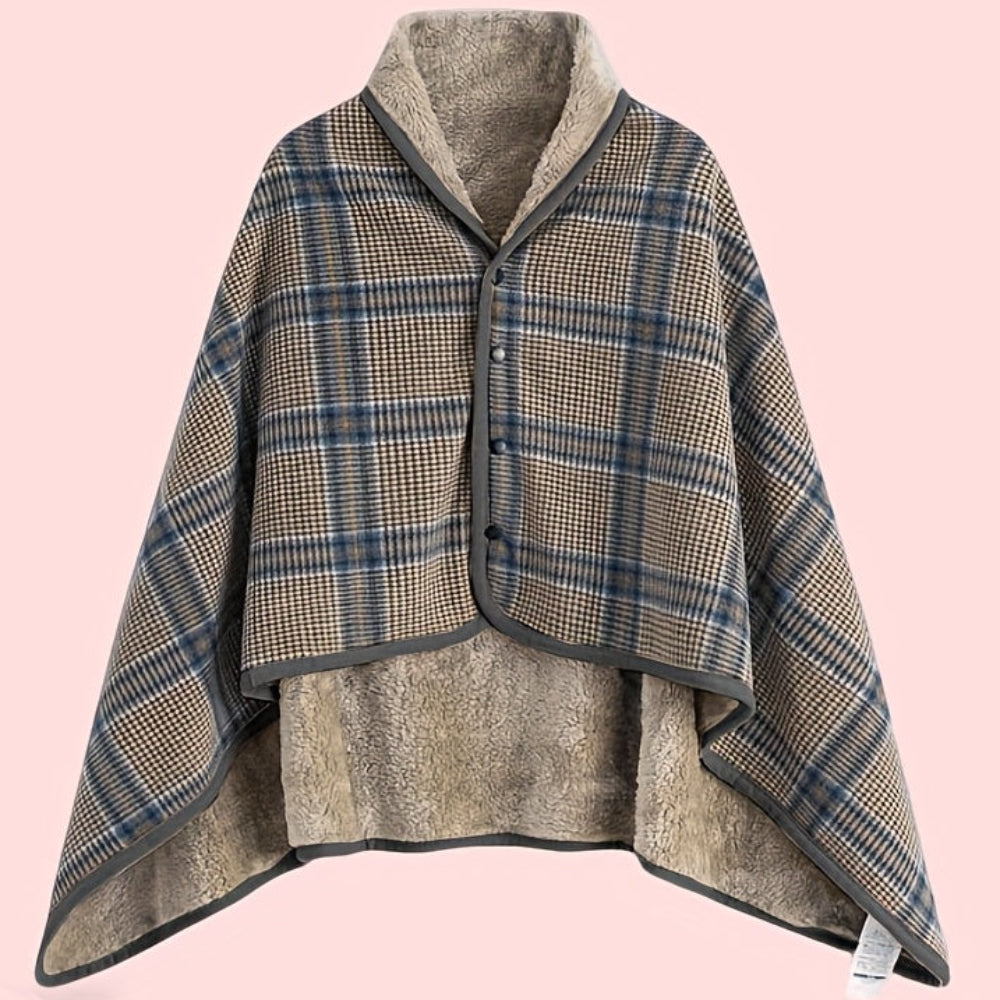 Women's Plaid Snap Button Fleece Lined Poncho Cape